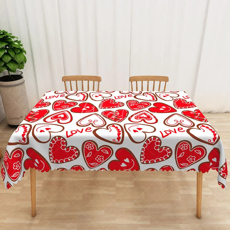 Aperturee - Aperturee Red Heart Love Text Rectangle Tablecloth Cute Valentine Doodle Table Cover Romantic Dinner Party Decor