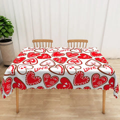 Aperturee - Aperturee Red Heart Love Text Rectangle Tablecloth Cute Valentine Doodle Table Cover Romantic Dinner Party Decor