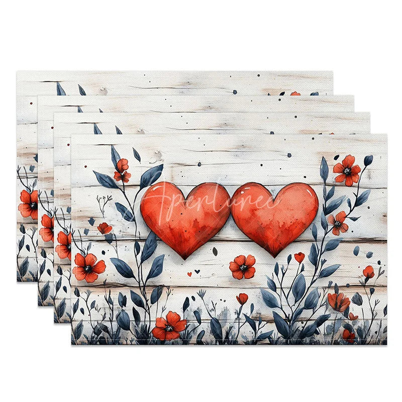 Aperturee - Aperturee Red Heart White Wood Set of 4 Placemats Rustic Floral Valentine Decoration Romantic Farmhouse Table Mat