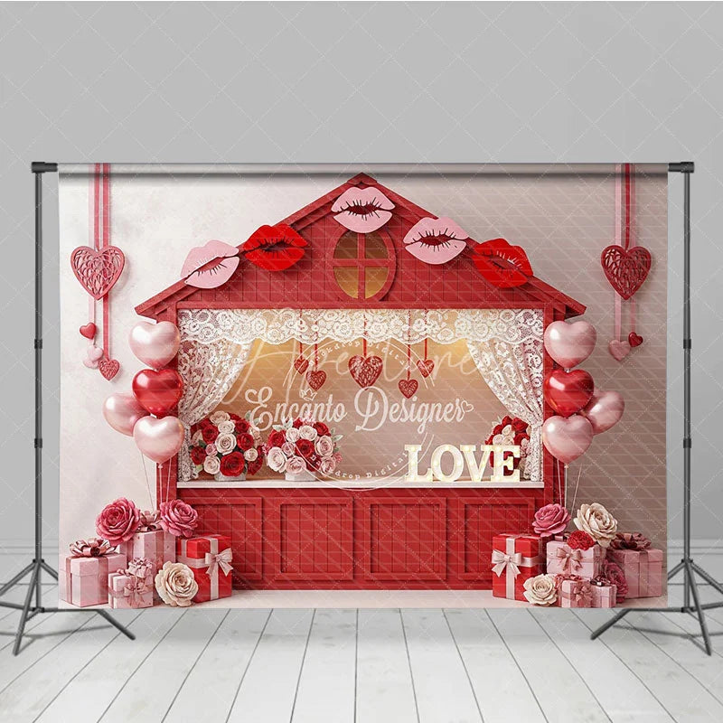 Aperturee - Aperturee Red House Kissing Booth Backdrop Lace Curtains Lips Balloons Background Valentine Day Photography Decoration