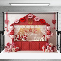 Aperturee - Aperturee Red House Kissing Booth Backdrop Lace Curtains Lips Balloons Background Valentine Day Photography Decoration
