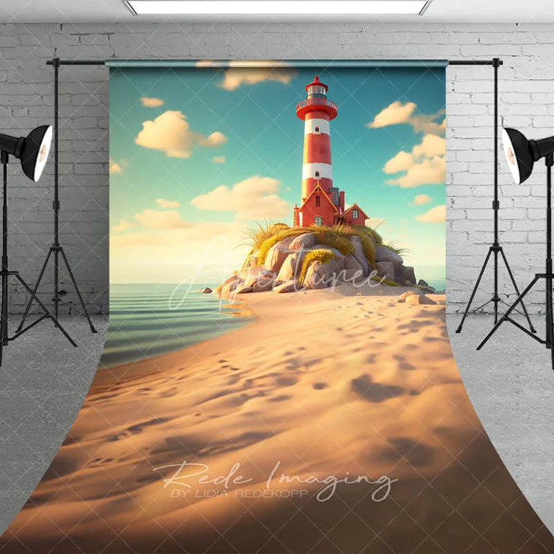 Aperturee - Aperturee Red Lighthouse Summer Ocean Photography Backdrop Seaside Rocks and Sand Sweep Portrait Studio Background