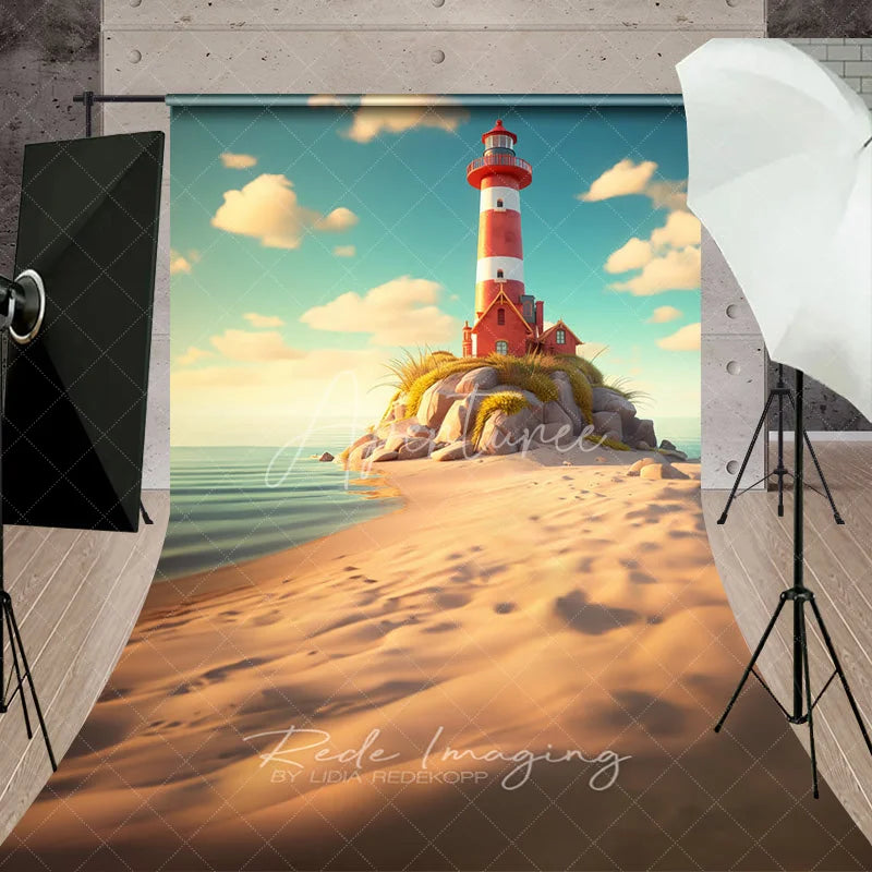 Aperturee - Aperturee Red Lighthouse Summer Ocean Photography Backdrop Seaside Rocks and Sand Sweep Portrait Studio Background