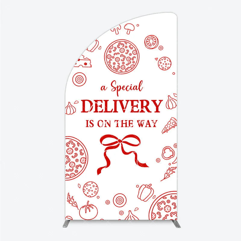 Aperturee - Aperturee Red Line Art Pizza and Ingredients Special Delivery Half Moon Arch Backdrop Baby Shower Birthday Party Decor