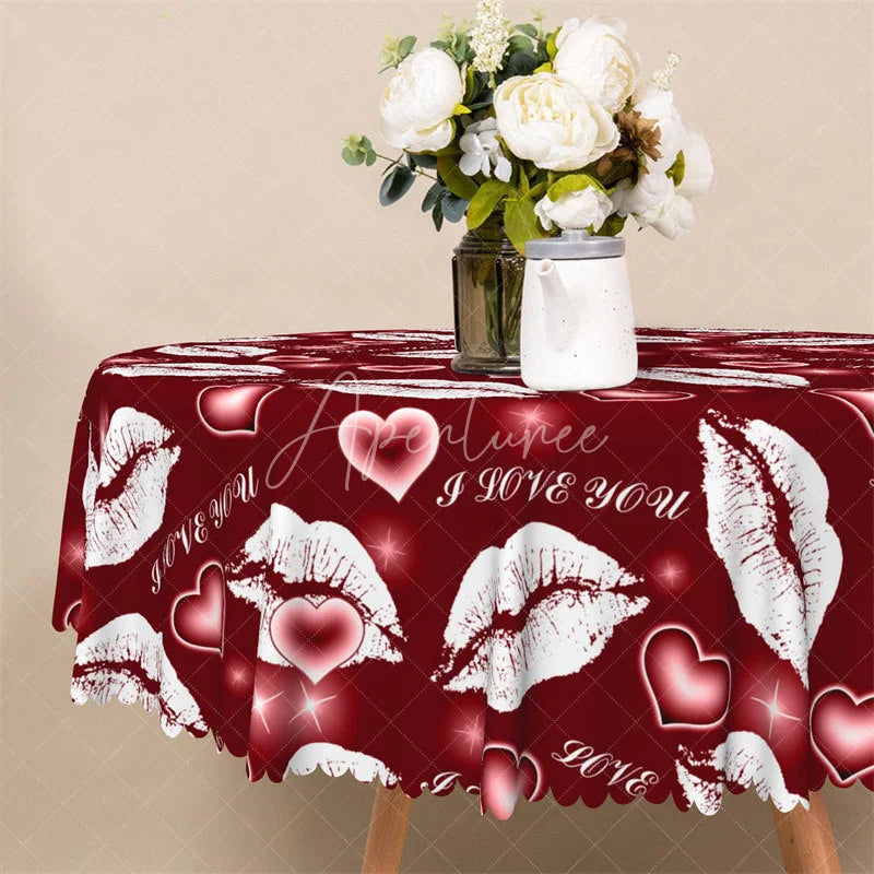 Aperturee - Aperturee Red Lip I Love You Round Tablecloth Romantic Kiss Mark Heart Table Cover for Valentine