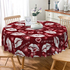 Aperturee - Aperturee Red Lip I Love You Round Tablecloth Romantic Kiss Mark Heart Table Cover for Valentine