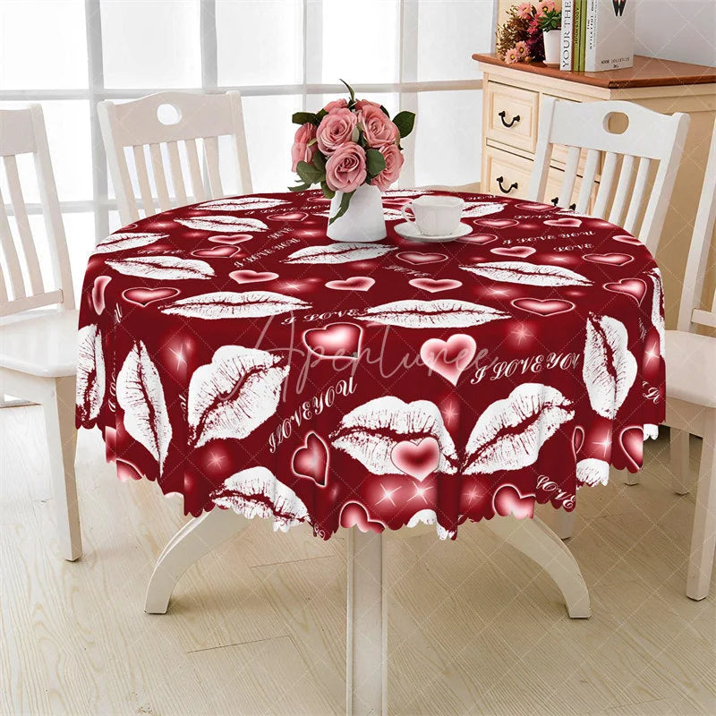 Aperturee - Aperturee Red Lip I Love You Round Tablecloth Romantic Kiss Mark Heart Table Cover for Valentine