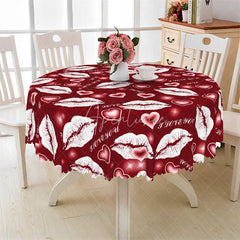 Aperturee - Aperturee Red Lip I Love You Round Tablecloth Romantic Kiss Mark Heart Table Cover for Valentine