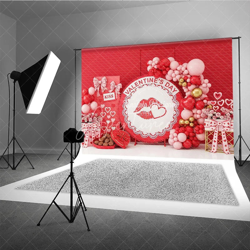 Aperturee - Aperturee Red Lips Valentine Day Backdrop Chocolate Gift Box Balloon Garland Background Romantic Party Photography Decor