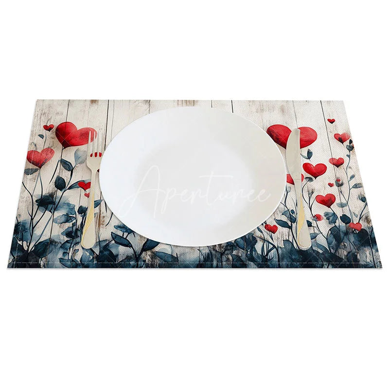 Aperturee - Aperturee Red Love Heart Wood Plank Set of 4 Placemats Romantic Valentine Text Decoration Rustic Art Dining Table Mat