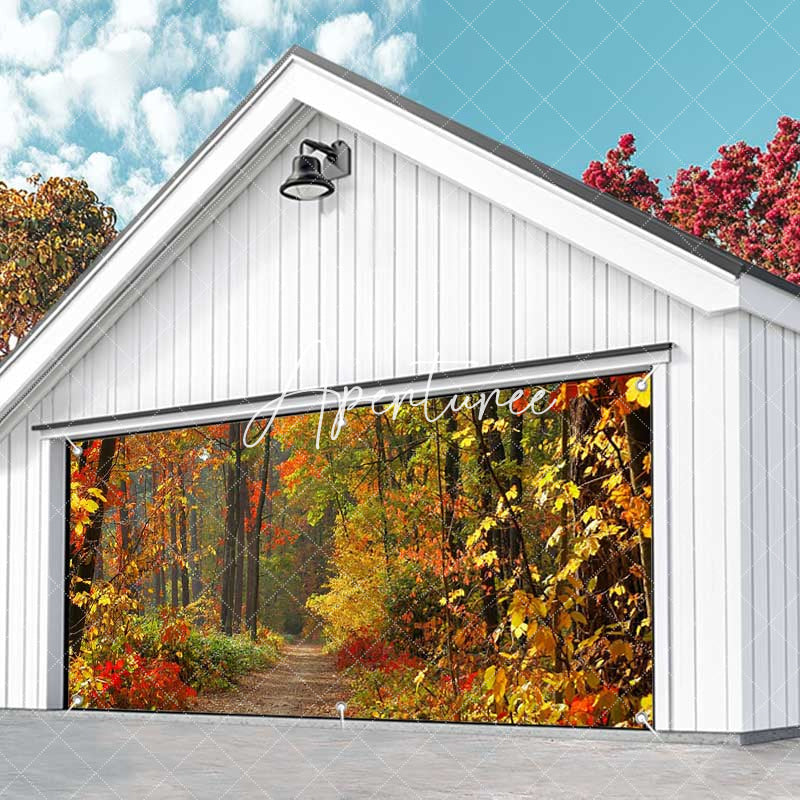 Aperturee - Aperturee Red Maple Forest Trod Autumn Garage Door Banner
