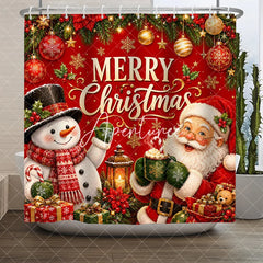 Aperturee - Aperturee Red Merry Christmas Santa and Snowman Shower Curtain Festive Holiday Gifts and Ornaments Decor