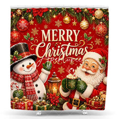 Aperturee - Aperturee Red Merry Christmas Santa and Snowman Shower Curtain Festive Holiday Gifts and Ornaments Decor