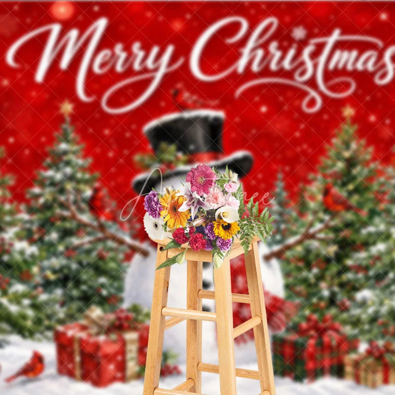 Aperturee - Aperturee Red Merry Christmas Snowman and Christmas Tree Holiday Backdrop Winter Wonderland Party Decor