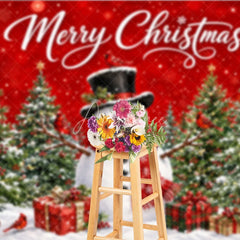 Aperturee - Aperturee Red Merry Christmas Snowman and Christmas Tree Holiday Backdrop Winter Wonderland Party Decor