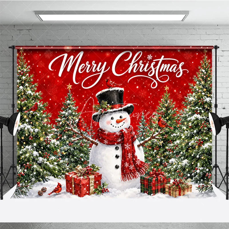 Aperturee - Aperturee Red Merry Christmas Snowman and Christmas Tree Holiday Backdrop Winter Wonderland Party Decor