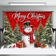 Aperturee - Aperturee Red Merry Christmas Snowman and Christmas Tree Holiday Backdrop Winter Wonderland Party Decor