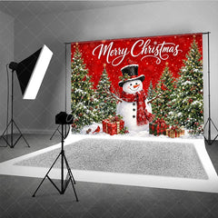 Aperturee - Aperturee Red Merry Christmas Snowman and Christmas Tree Holiday Backdrop Winter Wonderland Party Decor