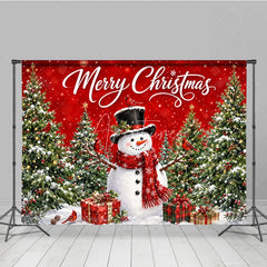 Aperturee - Aperturee Red Merry Christmas Snowman and Christmas Tree Holiday Backdrop Winter Wonderland Party Decor