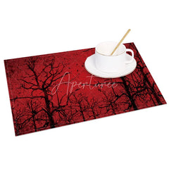 Aperturee - Aperturee Red Moon and Withered Trees Set of 4 Placemats for Spooky Halloween and Gothic Dining Room Decor