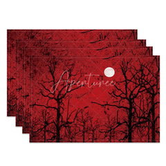 Aperturee - Aperturee Red Moon and Withered Trees Set of 4 Placemats for Spooky Halloween and Gothic Dining Room Decor