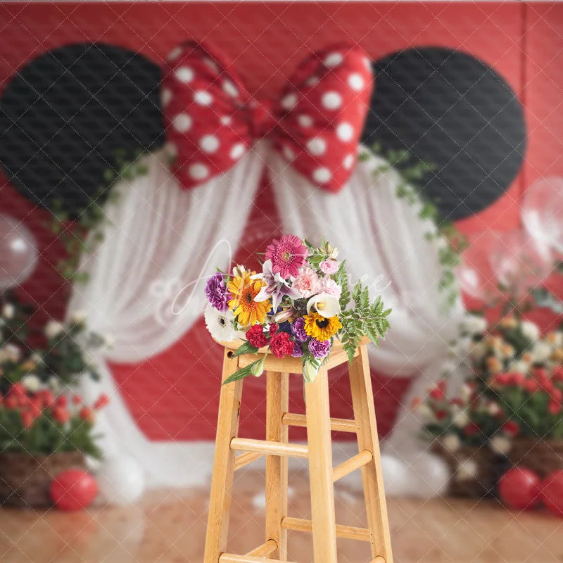 Aperturee - Aperturee Red Mouse Ears Birthday Backdrop Polka Dot Bow Arch Banner Girl First Birthday Cake Smash Photo Props