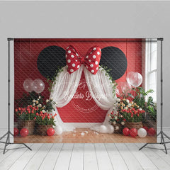 Aperturee - Aperturee Red Mouse Ears Birthday Backdrop Polka Dot Bow Arch Banner Girl First Birthday Cake Smash Photo Props