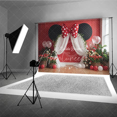 Aperturee - Aperturee Red Mouse Ears Birthday Backdrop Polka Dot Bow Arch Banner Girl First Birthday Cake Smash Photo Props