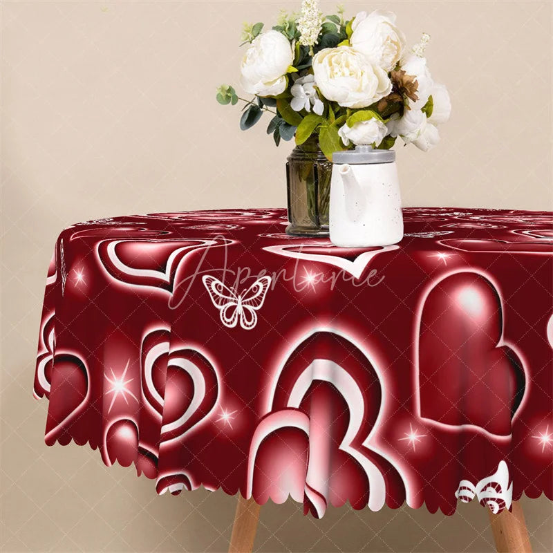 Aperturee - Aperturee Red Neon Heart Butterfly Round Tablecloth Glowing Love Pattern Table Cover for Valentine