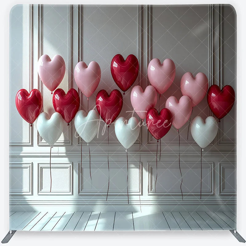 Aperturee - Aperturee Red Pink White Heart Balloons Square Double-Sided Backdrop Romantic Valentine’s Day Celebration Decor