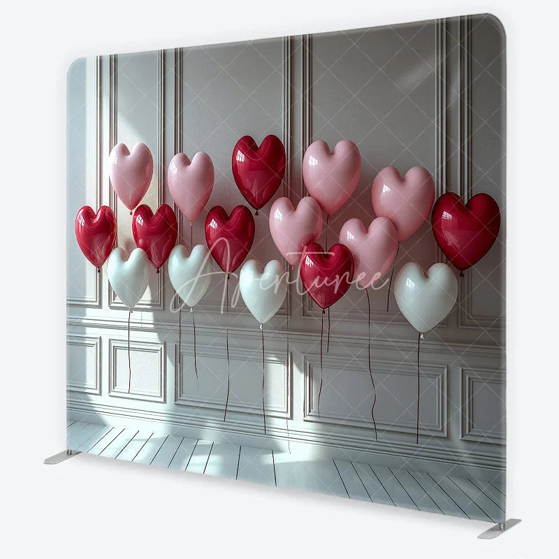 Aperturee - Aperturee Red Pink White Heart Balloons Square Double-Sided Backdrop Romantic Valentine’s Day Celebration Decor
