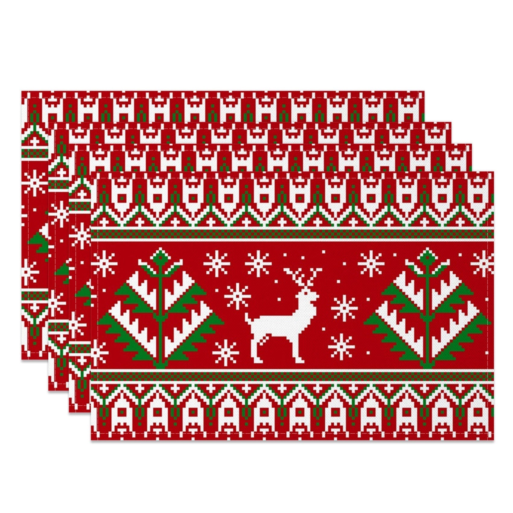 Aperturee - Aperturee Red Pixel Elk Snowflake Christmas Set Of 4 Placemats