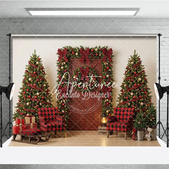 Aperturee - Aperturee Red Plaid Christmas Holiday Backdrop with Decorated Trees Cozy Armchairs and Festive Gifts