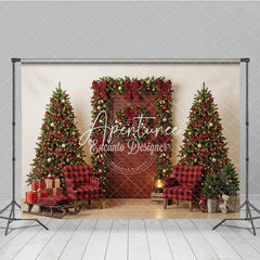 Aperturee - Aperturee Red Plaid Christmas Holiday Backdrop with Decorated Trees Cozy Armchairs and Festive Gifts