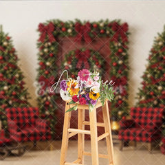 Aperturee - Aperturee Red Plaid Christmas Holiday Backdrop with Decorated Trees Cozy Armchairs and Festive Gifts