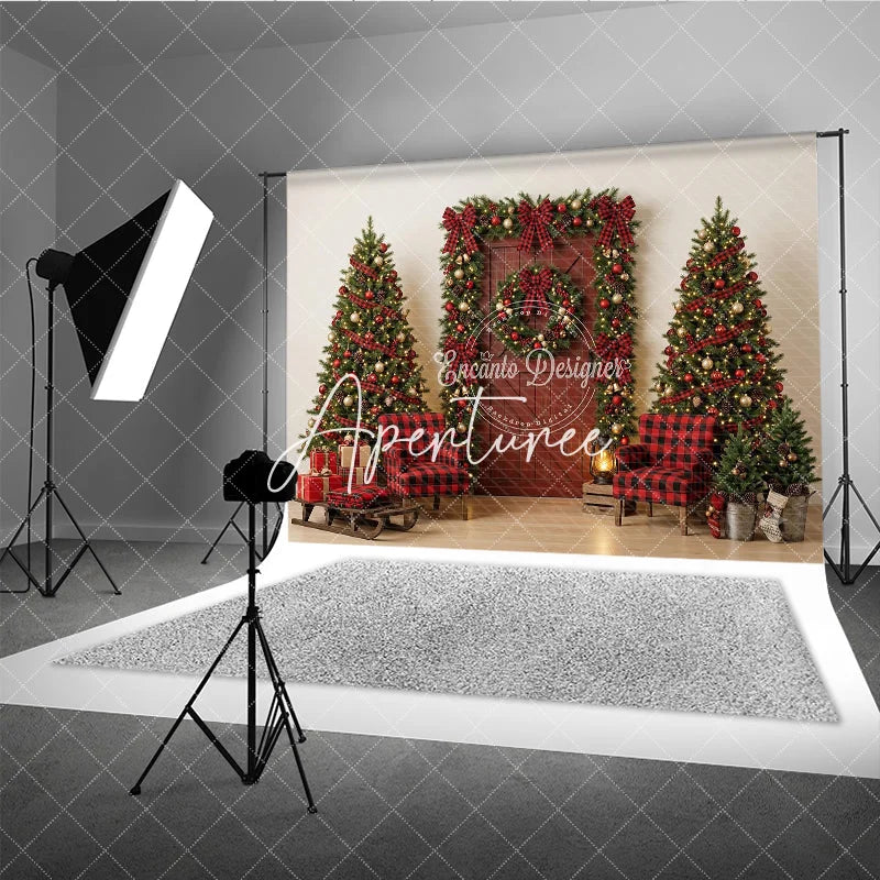 Aperturee - Aperturee Red Plaid Christmas Holiday Backdrop with Decorated Trees Cozy Armchairs and Festive Gifts