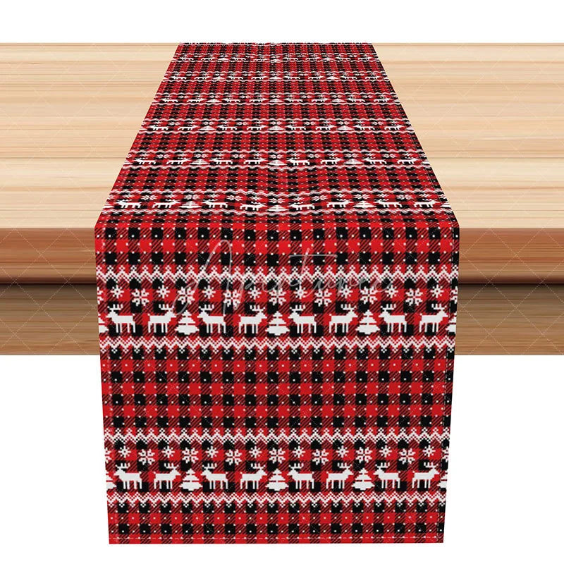 Aperturee - Aperturee Red Plaid Christmas Table Runner Rustic Fair Isle with Reindeer Farmhouse Holiday Dining Decor