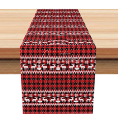Aperturee - Aperturee Red Plaid Christmas Table Runner Rustic Fair Isle with Reindeer Farmhouse Holiday Dining Decor
