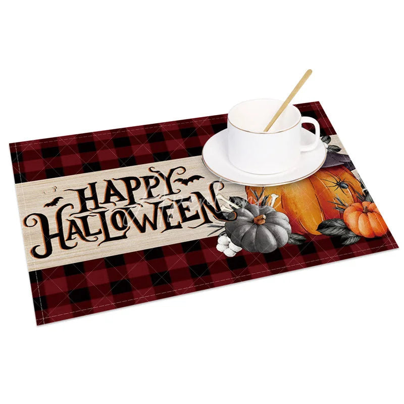 Aperturee - Aperturee Red Plaid Halloween Set of 4 Placemats with Pumpkin and Witch Hat for Farmhouse Spooky Decor