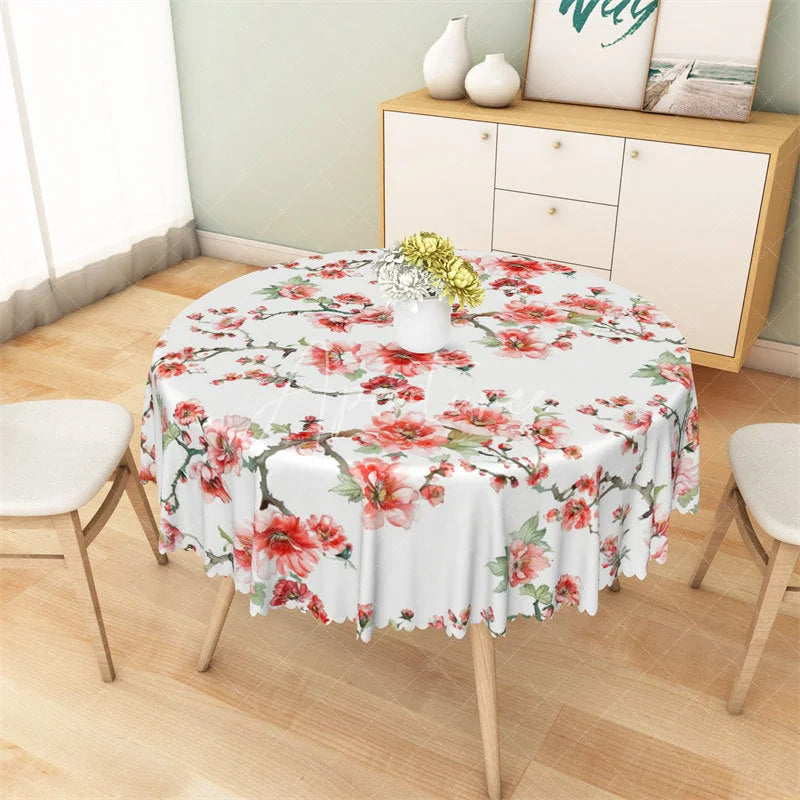Aperturee - Aperturee Red Plum Blossom Round Tablecloth Spring Floral Branch Table Cover for Holiday Party
