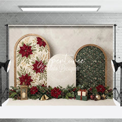Aperturee - Aperturee Red Poinsettia and Green Foliage Christmas Holiday Backdrop Rustic Wooden Arch Winter Celebration Decor