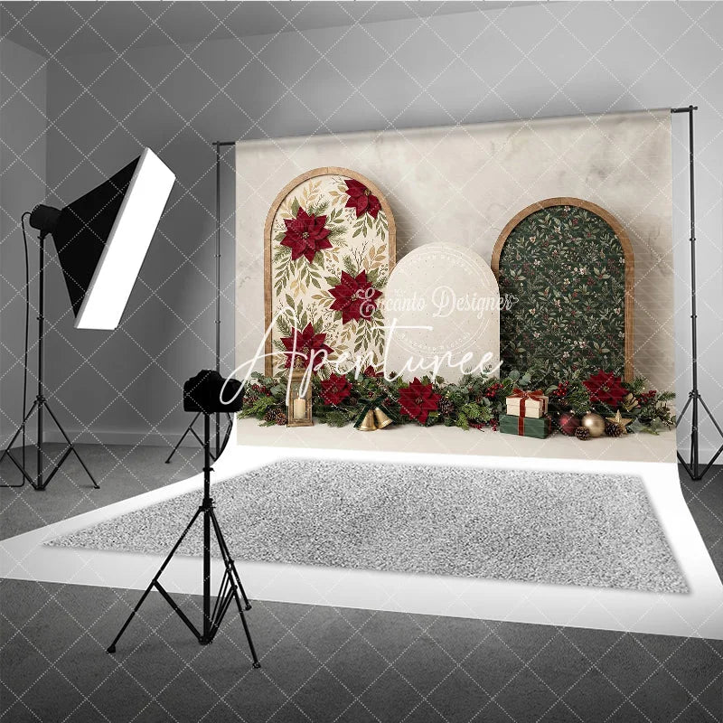 Aperturee - Aperturee Red Poinsettia and Green Foliage Christmas Holiday Backdrop Rustic Wooden Arch Winter Celebration Decor