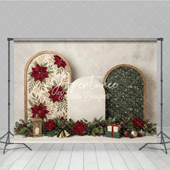 Aperturee - Aperturee Red Poinsettia and Green Foliage Christmas Holiday Backdrop Rustic Wooden Arch Winter Celebration Decor