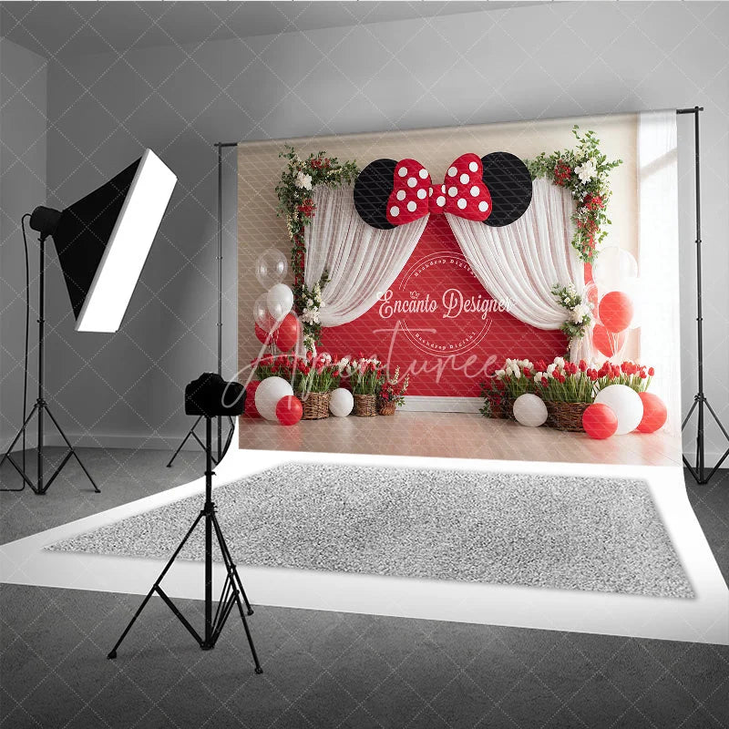 Aperturee - Aperturee Red Polka Dot Bow Backdrop Mouse Ears Birthday Banner Red Wall White Curtains for Girl Cake Smash Props
