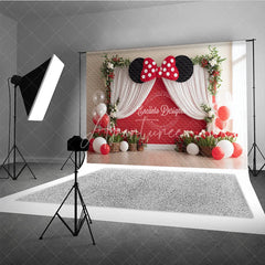 Aperturee - Aperturee Red Polka Dot Bow Backdrop Mouse Ears Birthday Banner Red Wall White Curtains for Girl Cake Smash Props