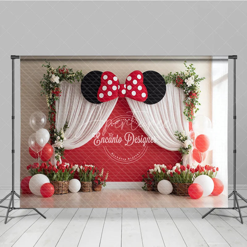 Aperturee - Aperturee Red Polka Dot Bow Backdrop Mouse Ears Birthday Banner Red Wall White Curtains for Girl Cake Smash Props