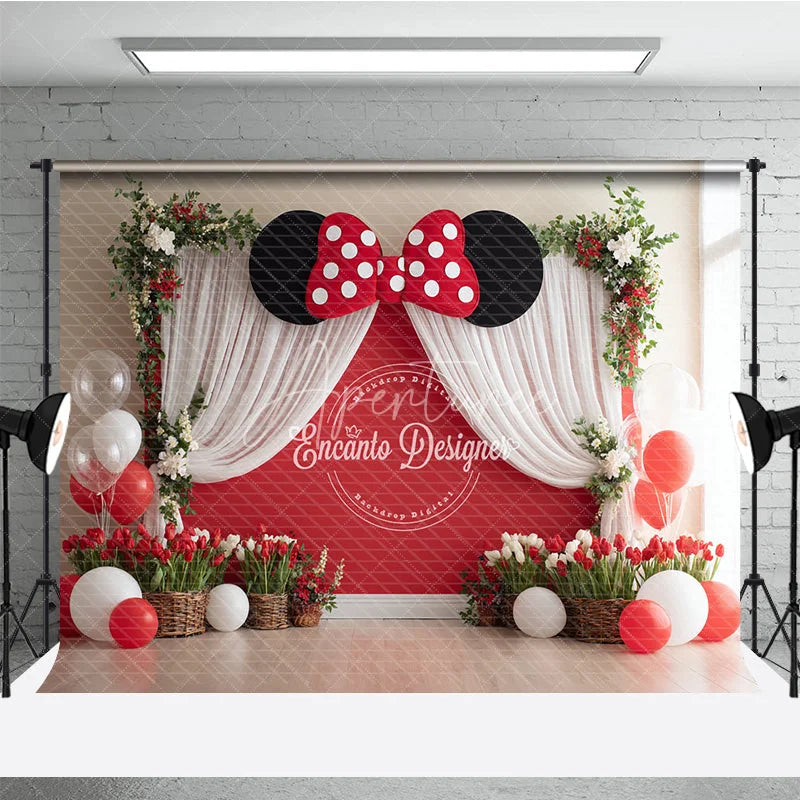 Aperturee - Aperturee Red Polka Dot Bow Backdrop Mouse Ears Birthday Banner Red Wall White Curtains for Girl Cake Smash Props