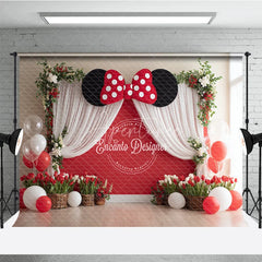 Aperturee - Aperturee Red Polka Dot Bow Backdrop Mouse Ears Birthday Banner Red Wall White Curtains for Girl Cake Smash Props