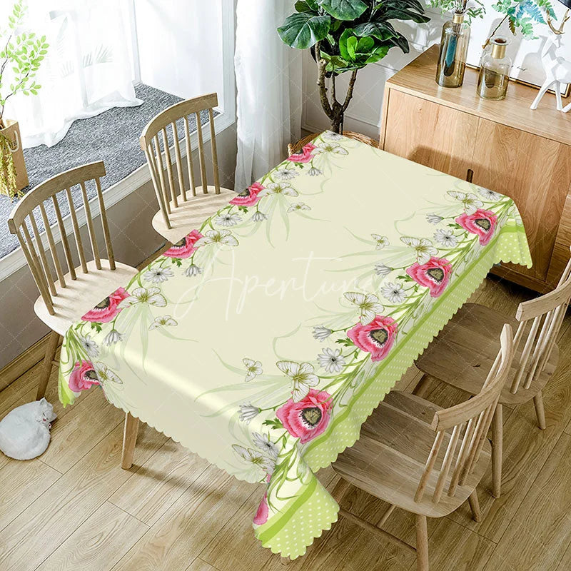 Aperturee - Aperturee Red Poppy White Daisy Border Rectangle Tablecloth Garden Floral Cream Background Country Dining Table Cover Kitchen