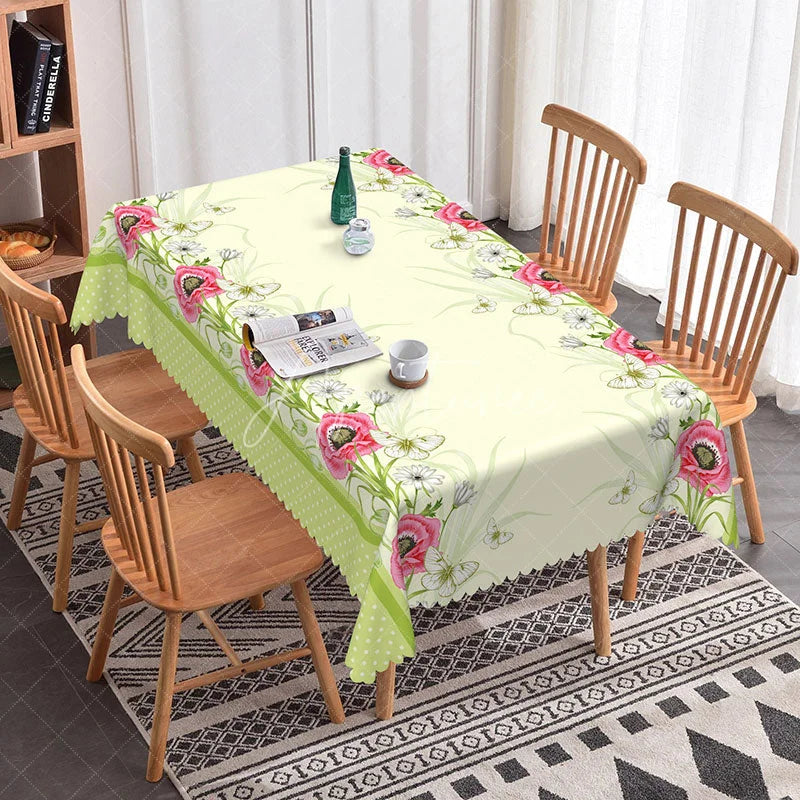 Aperturee - Aperturee Red Poppy White Daisy Border Rectangle Tablecloth Garden Floral Cream Background Country Dining Table Cover Kitchen